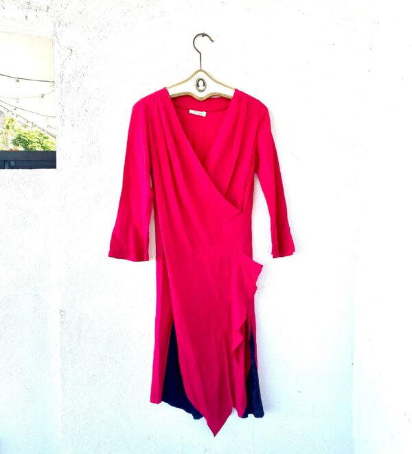 Vintage 70S 80S Asian Silk Drapery Ruffle Flapper Red Pink Dress