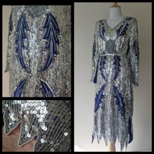 Vintage 70S 80S Blue Silk & Silver Sequin Sparkle Floral 1920S Flapper Dress