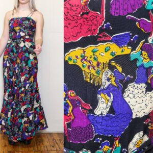 Vintage 70S Unique Rare Flamenco Tango Fiesta Dance Print Ruche Flapper Voluminous Flared Evening Cocktail Party Maxi Dress