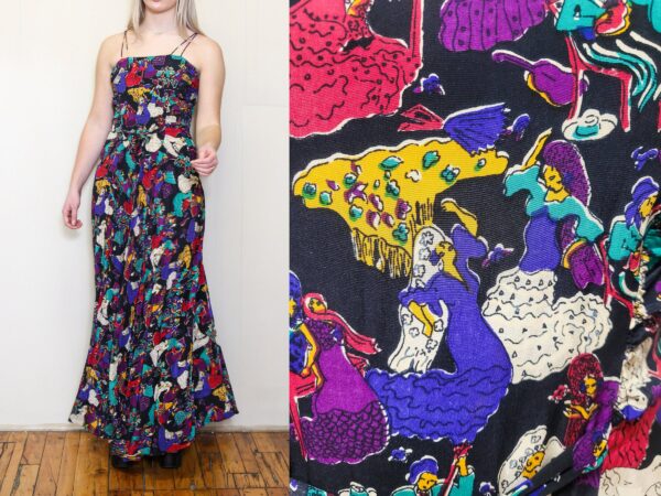 Vintage 70S Unique Rare Flamenco Tango Fiesta Dance Print Ruche Flapper Voluminous Flared Evening Cocktail Party Maxi Dress