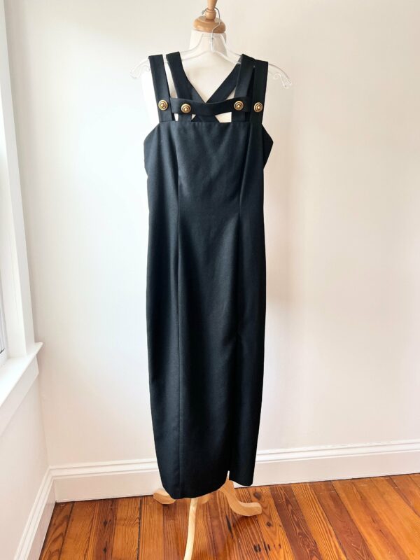 Vintage 80S Black Strappy Midi Dress, Criss Cross Bandage Dress With Gold Accents