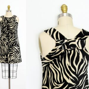 Vintage 80S Velvet Zebra Animal Print Sleeveless Halter Bandage Fitted Mini Dress Bowtie Grunge Punk Goth Size 0 Small