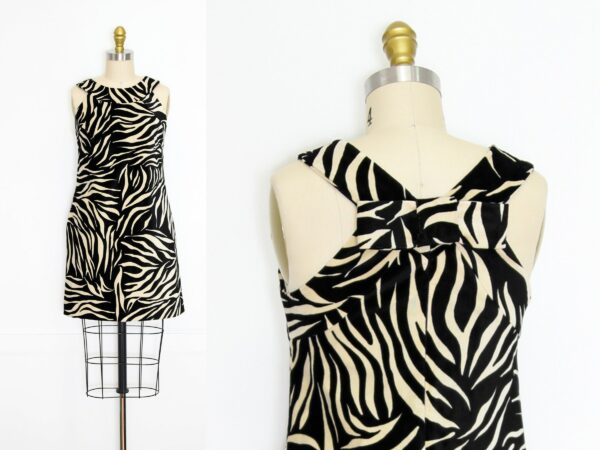 Vintage 80S Velvet Zebra Animal Print Sleeveless Halter Bandage Fitted Mini Dress Bowtie Grunge Punk Goth Size 0 Small