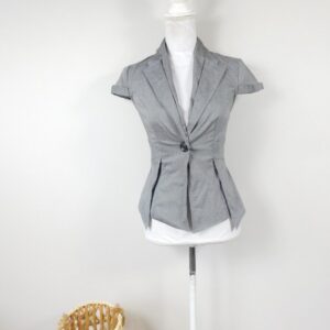 Vintage 90S Xoxo Dark Gray Pleated One Black Button Cap Short Sleeve Minimal Asymmetrical Peplum Skirt Blazer Jacket Coat Sz Small