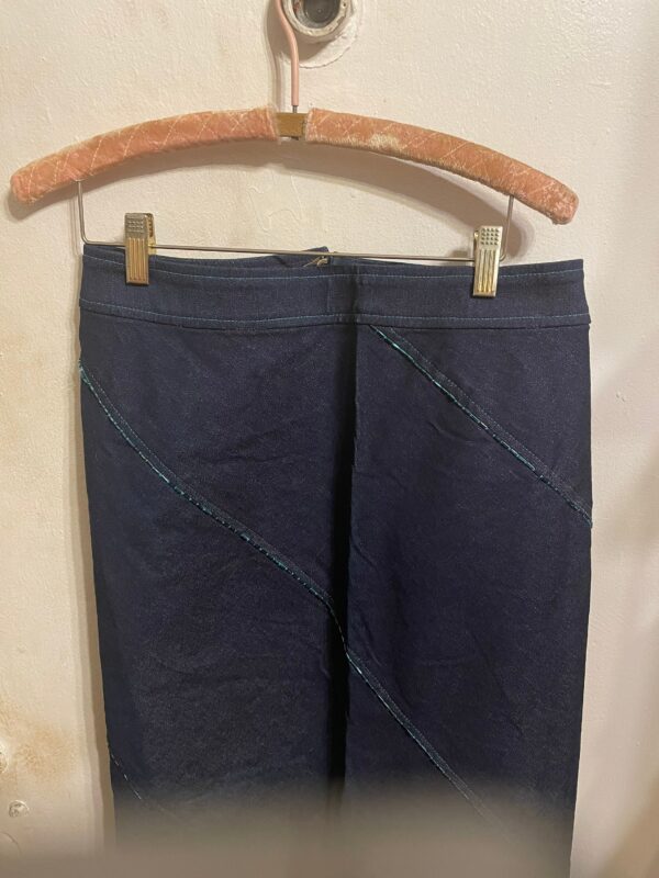 Vintage Anna Scholz Blue Denim with Asymmetrical Bugle Bead Trim Straight Long Skirt Plus Size 22