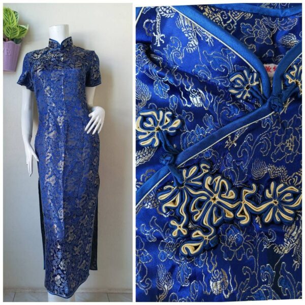 Vintage Blue Jacquard Dragon Cheongsam, Qipao, Ball Gowns, Long Evening Dress, Mandarin Collar Size S