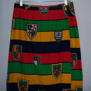 Vintage British Isles Blue Red Green Yellow Bold Stripes Crests Shields Print Wrap Skirt 12 14 Sarong England Royal Heraldry