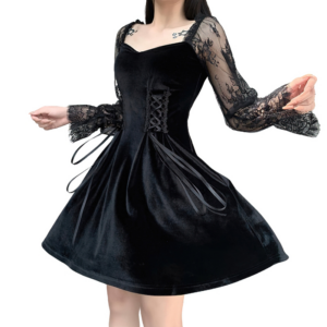 Vintage Gothic High Waisted Black Dress / Women's Bandage Mini Dress With Lace Puff Sleeves