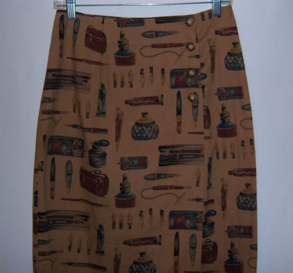 Vintage My Clothes Taupe Brown Inkwells Fountain Pens Pattern Wrap Sarong Maxi Skirt 6 8 Small Nibs Writing Author