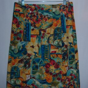 Vintage Ruff Hewn Teal Blue Yellow Green Adobe Mexican Street Print Wrap Skirt 12 14 Large Sarong Southwest