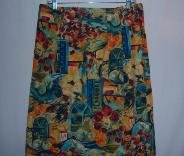 Vintage Ruff Hewn Teal Blue Yellow Green Adobe Mexican Street Print Wrap Skirt 12 14 Large Sarong Southwest