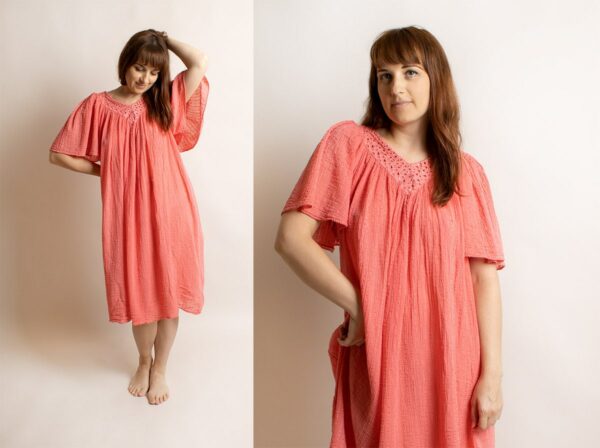 Vintage Salmon Pink Cotton Gauze Lounge Muu Crinkle Texture Rayon Flutter Sleeve Greek Summer Kaftan Boho Bohemian Tent Tunic Dress 1990