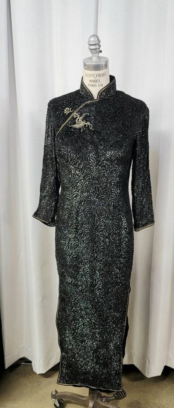 Vintage Womens ~ Incredible Cheongsam Traditional Dress Black Burnout? Shimmer Timeless