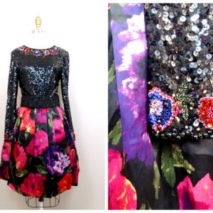 Vtg Sequined Cocktail Dress/Vintage Evening Pink & Purple Floral Black Sequin Embellished A-Line Tulle Skirt Formal