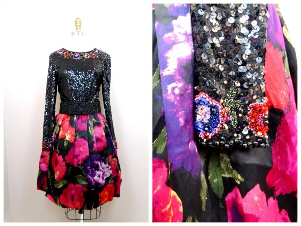 Vtg Sequined Cocktail Dress/Vintage Evening Pink & Purple Floral Black Sequin Embellished A-Line Tulle Skirt Formal