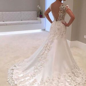 Wedding Dresses 2021 V Neck Short Sleeve Sheath Deep V Backless Lace Beaded Bridal Gowns With Train