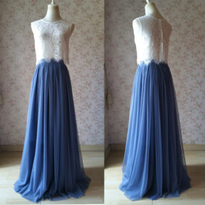 Wedding Two Piece Bridesmaid Dress Dusty Blue Tulle Maxi Skirt Crop Lace Top