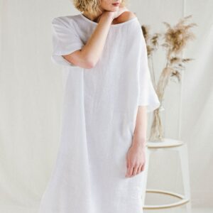 White Linen Smock Dress/Handmade By Offon