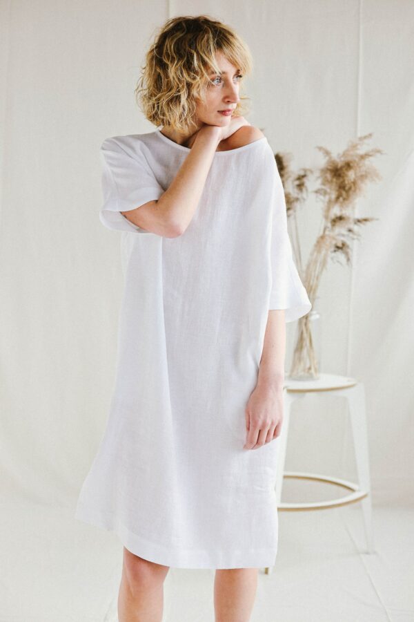 White Linen Smock Dress/Handmade By Offon