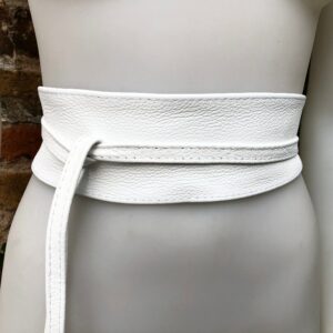 White Obi Belt in Soft Leather. Wrap White. Wide Waist Bellt Genuine Leather, Wraparound Boho Dress Belt. Cinch