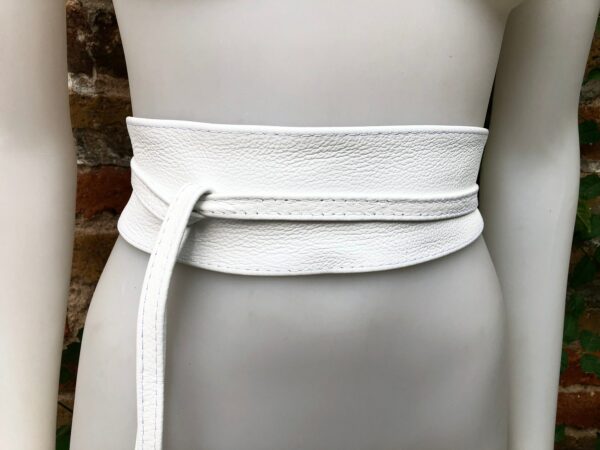 White Obi Belt in Soft Leather. Wrap White. Wide Waist Bellt Genuine Leather, Wraparound Boho Dress Belt. Cinch