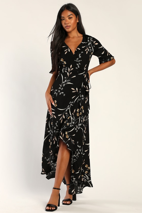 Wild Winds Black Floral Print High-Low Wrap Dress