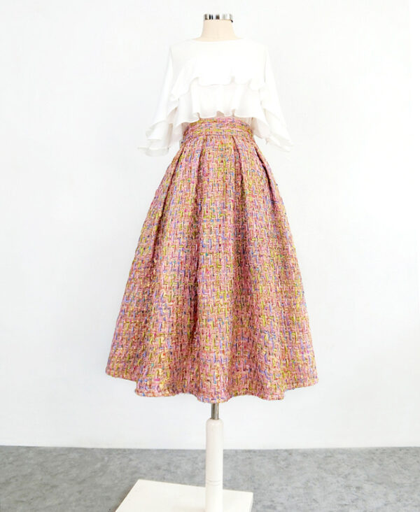 Winter Pink Midi Skirt Outfit Women A-line Plus Size Pleated Tweed Skirt