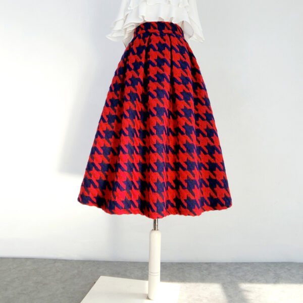 Winter RED Houndstooth Midi Skirt Lady Plus Size A-line Pleated Party Skirt