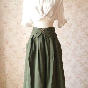 Women Army Green Linen Cotton Skirt Loose Linen Clothes Long Asymmetrical Skirts