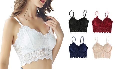 Women Bralette Bra Lingerie Push Up Crochet Wireless Lace Bra Crop Tank Top M Apricot