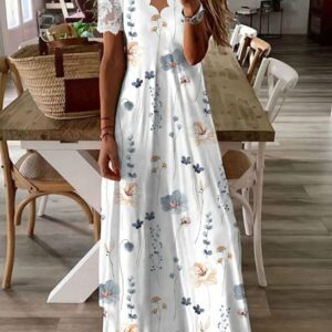 Women Casual Floral Summer Regular Fit Lace Maxi Short Sleeve T-Shirt Dress Regular Dresses