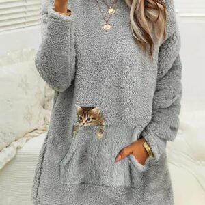 Women Casual Winter Cat Daily Loose Long sleeve Fluff/Granular fleece fabric T-Shirt Dress Medium Elasticity Dresses