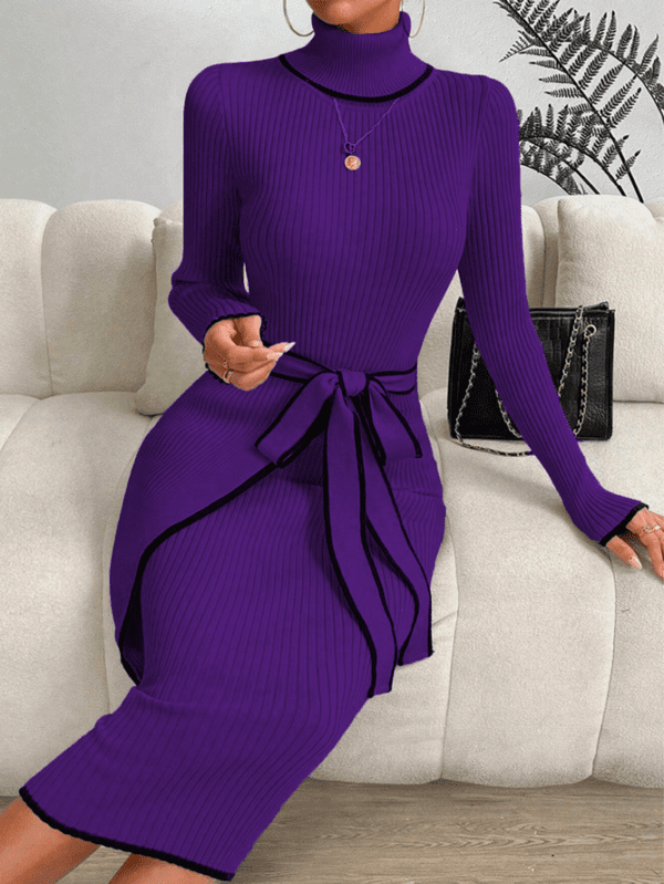 Women Color Block Autumn Elegant Micro-Elasticity Tight Midi Long Sleeve Turtleneck Regular Sweater Dresses