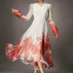 Women Floral Spring/Fall Elegant Natural No Elasticity Maxi Long Sleeve X-Line Prom Dresses