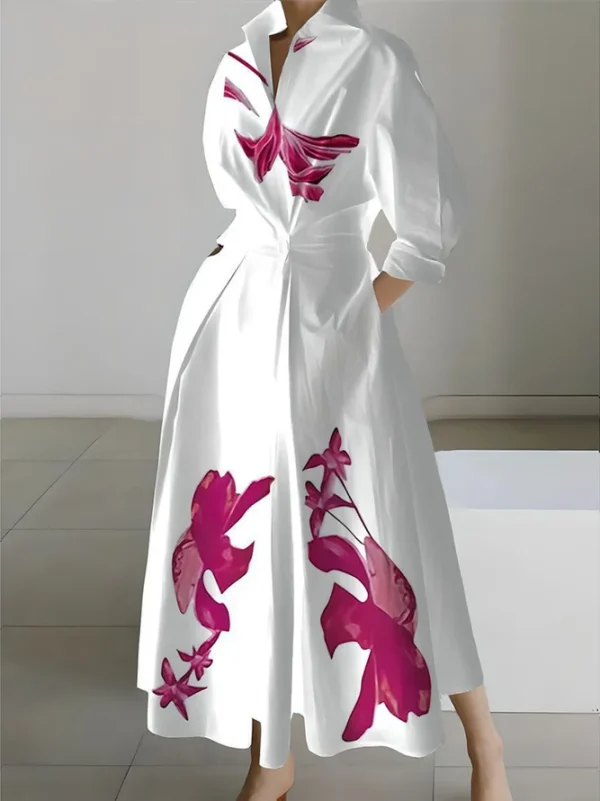 Women Floral Spring/Fall Urban Polyester High Waist Maxi Regular Shirt Dress Shirt Collar Dresses