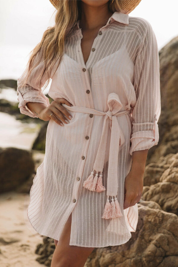 Women Loose Long Sleeve Swimsuit Cover Ups Striped Shirt Dress Kimonos With Belt