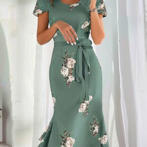 Women Mermaid Midi Dress Floral Short Sleeve Ruffled Sheath