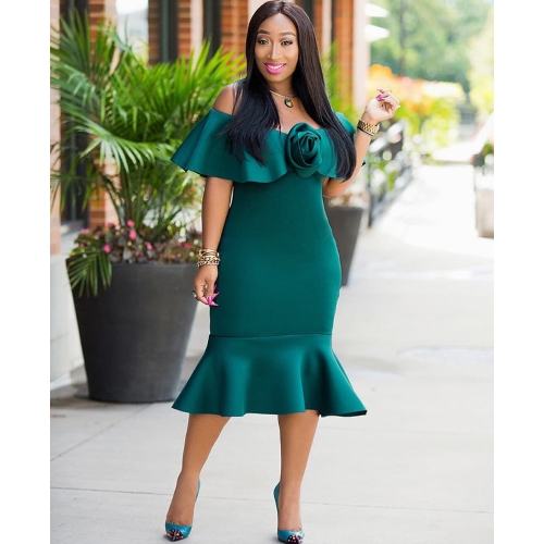 Women Off Shoulder Dress 3D Rose Peplum Hem Slash Neck Nightclub Party Bodycon Slim Midi Dress Green/Red