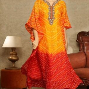 Women Orange & Red Ombre Tie-Dye Embroidered Kaftan Dress, Plus Size Kaftan, Wedding Sangeet Mehndi Festival Wear, Caftan Long Dress