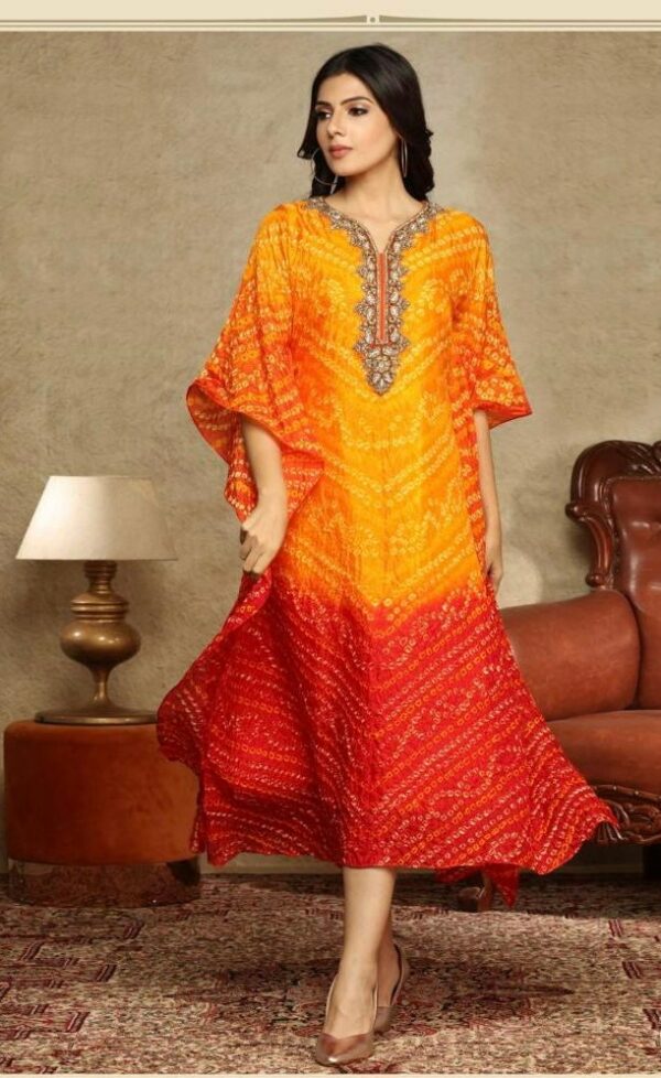 Women Orange & Red Ombre Tie-Dye Embroidered Kaftan Dress, Plus Size Kaftan, Wedding Sangeet Mehndi Festival Wear, Caftan Long Dress