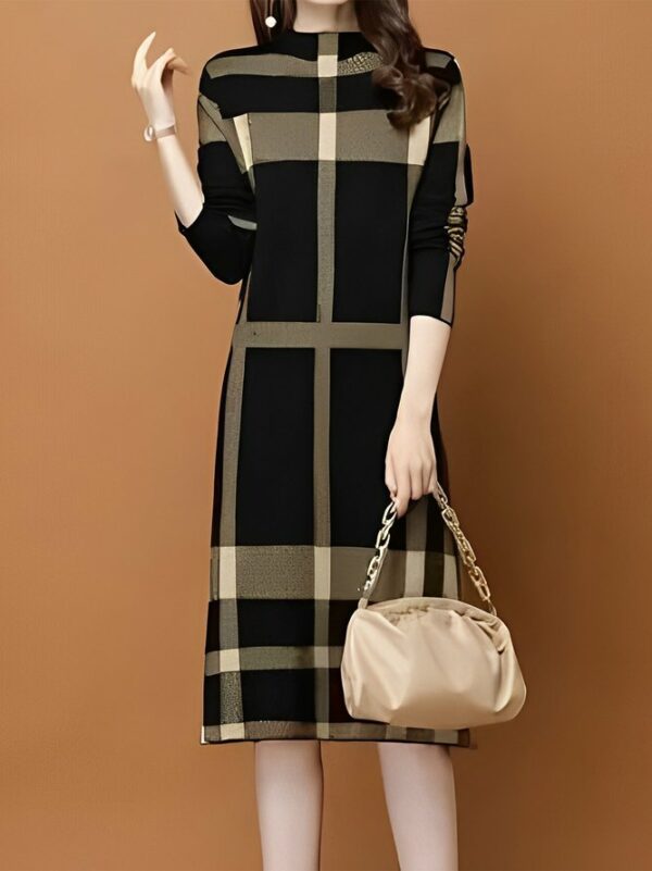 Women Plaid Autumn Urban Acrylic Heavyweight Regular Fit Midi Long Sleeve Medium Elasticity Sweater Dresses