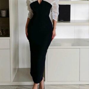 Women Plain Spring/Fall Elegant V neck High Waist Micro-Elasticity Regular Fit No Prom Dresses