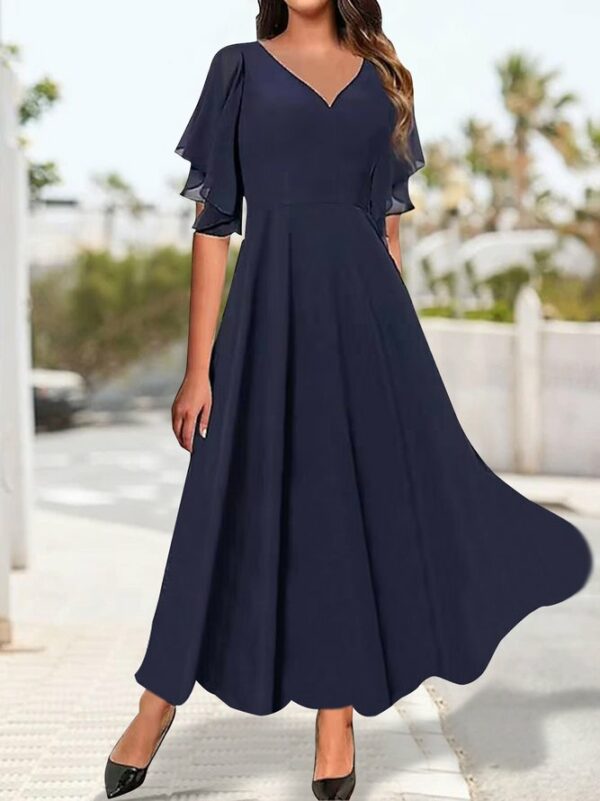 Women Plain Summer Elegant V neck Ruffled Sleeves Natural Party Maxi Half Sleeve Dresses