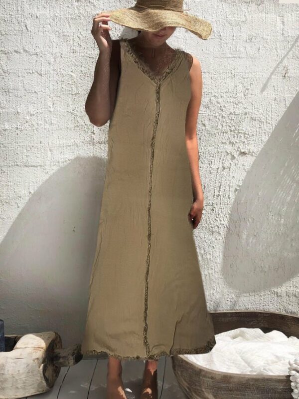 Women Plain Summer Linen V neck No Elasticity Maxi TUNIC NL No Dresses