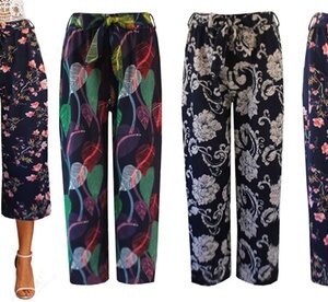 Women Printed Culottes Trousers, Navy Multi Leaf,L-XL