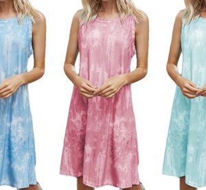 Women Sleeveless Tie Dye Short Dress T-Shirt Tank Beach Dress L Blue