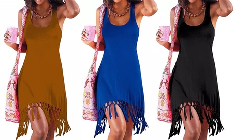 Women Sleeveless Vest Mini Dress Summer Casual Fringed Sundress S Blue