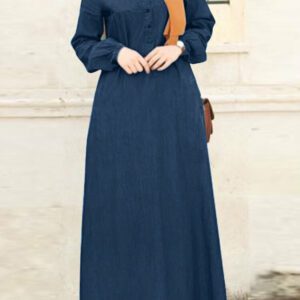 Women Solid Denim Button Down Elastic Cuffs Kaftan Loose Maxi Dresses