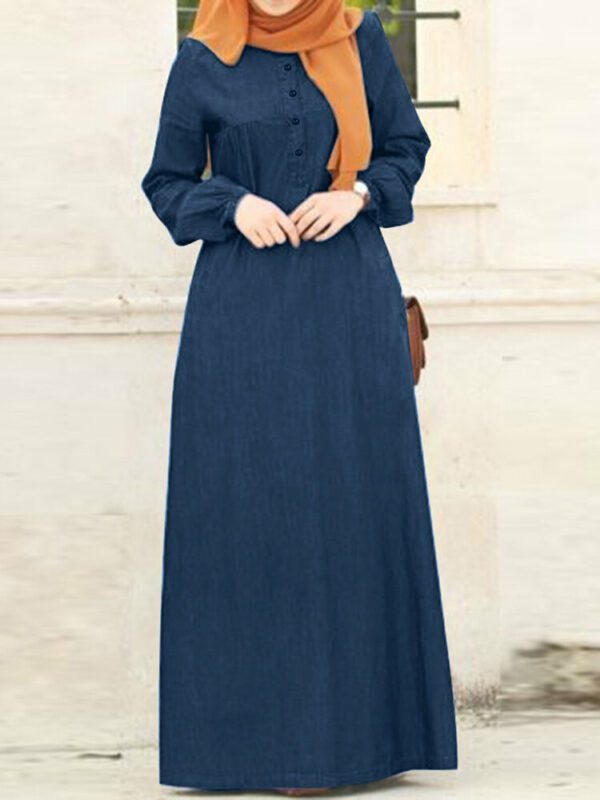 Women Solid Denim Button Down Elastic Cuffs Kaftan Loose Maxi Dresses