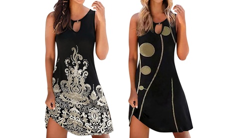 Women Summer Dresses Boho Tshirt Sundress Sleeveless Casual A Line Tank Dress 2X Black-B style